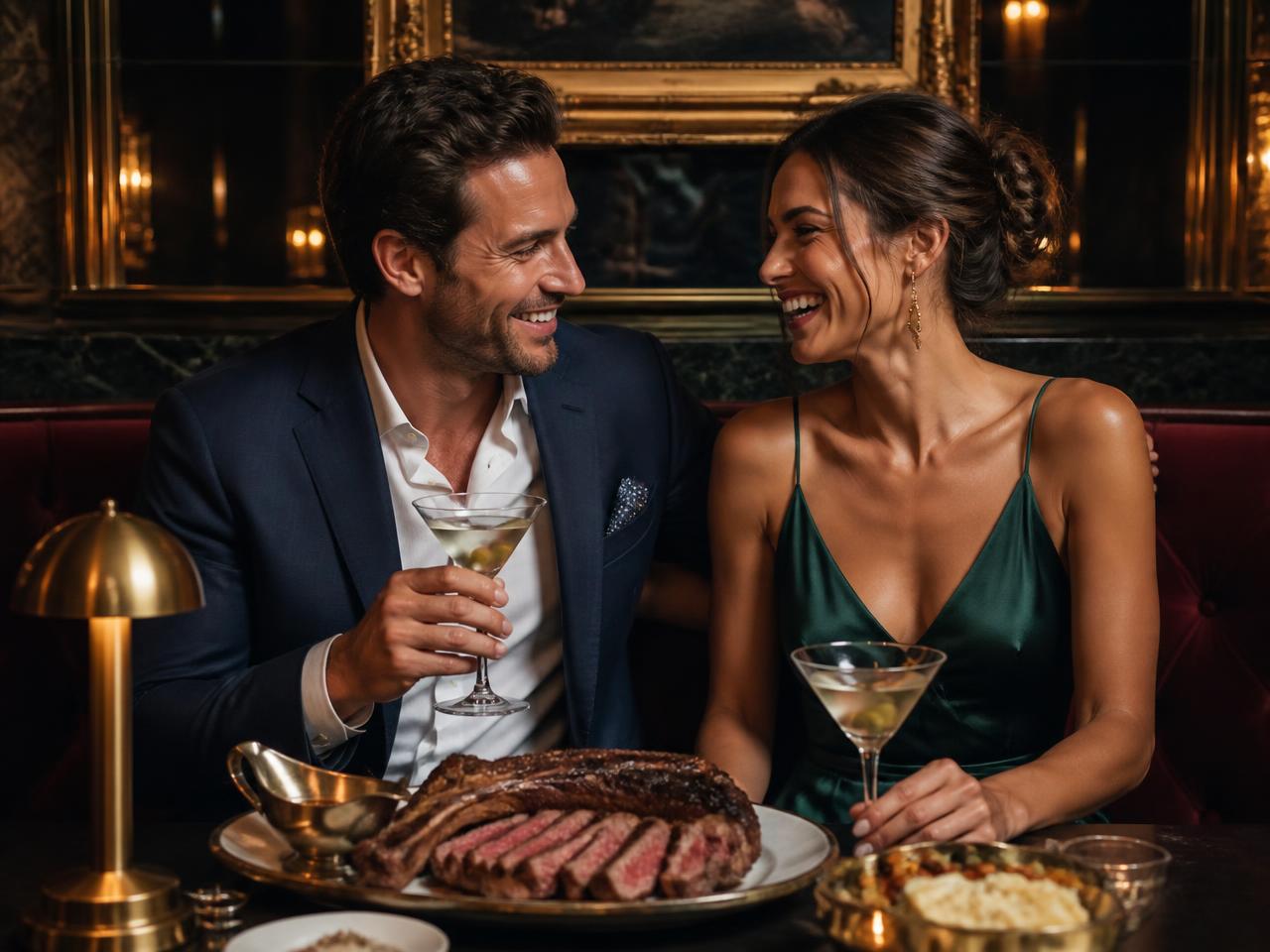 Couple with steaks and martinis in an opulent Scottsdale steakhouse dining room