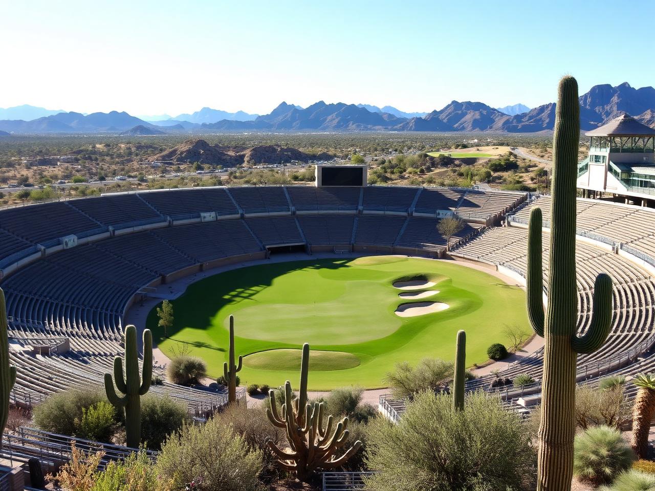 Stadium golf hole ringed by grandstand seating