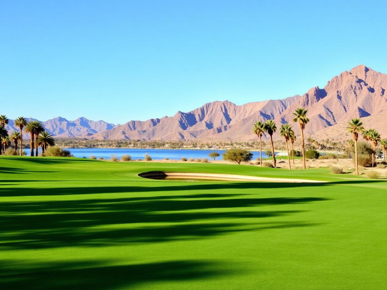 Golf fairway with lake and desert mountains in North Scottsdale