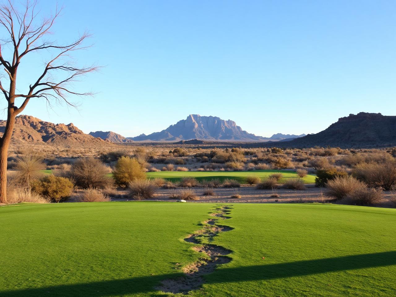Golf fairway winding between boulder outcrops