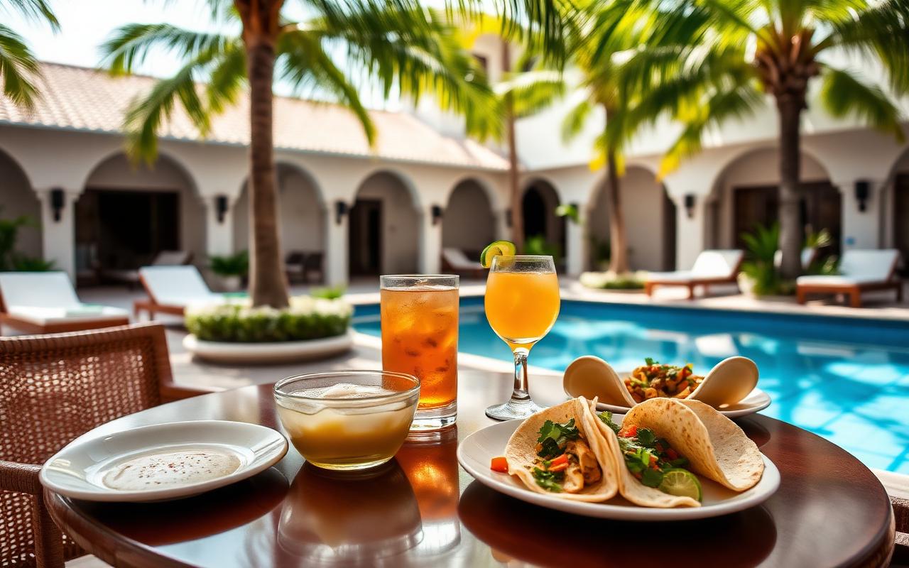 Poolside tacos, ceviche and cocktails in palm shade