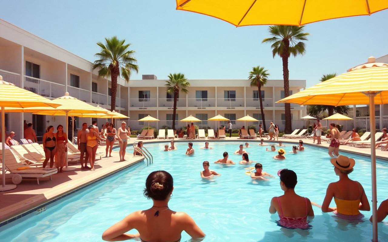 Retro pool party crowd in vintage swimwear under yellow umbrellas
