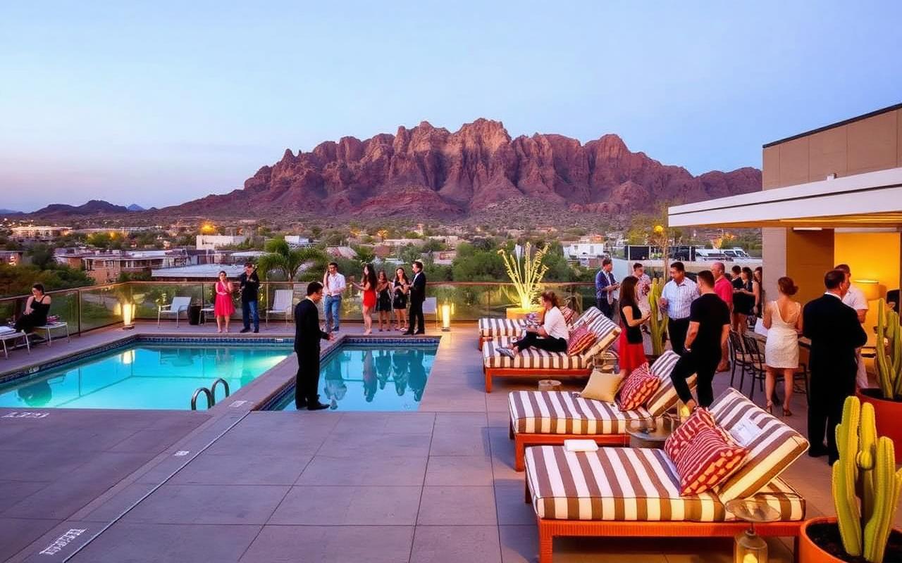 Design-hotel rooftop pool deck with striped daybeds and Camelback Mountain