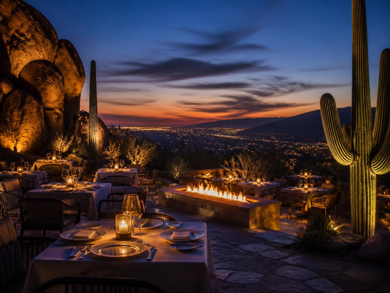 Fine dining terrace at a desert resort at golden hour