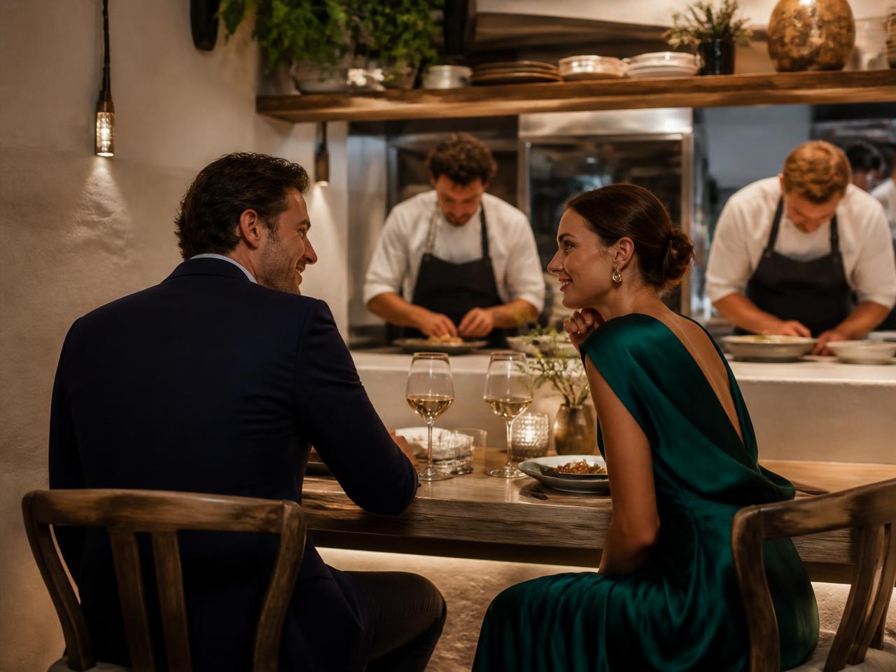 Couple at the chef's counter of an intimate farm-to-table bistro