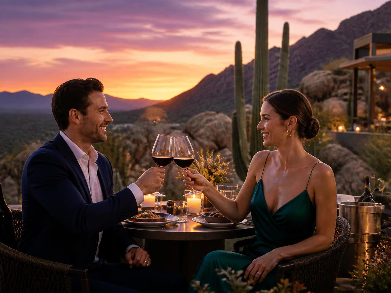 Couple at a sunset terrace table with Sonoran desert views