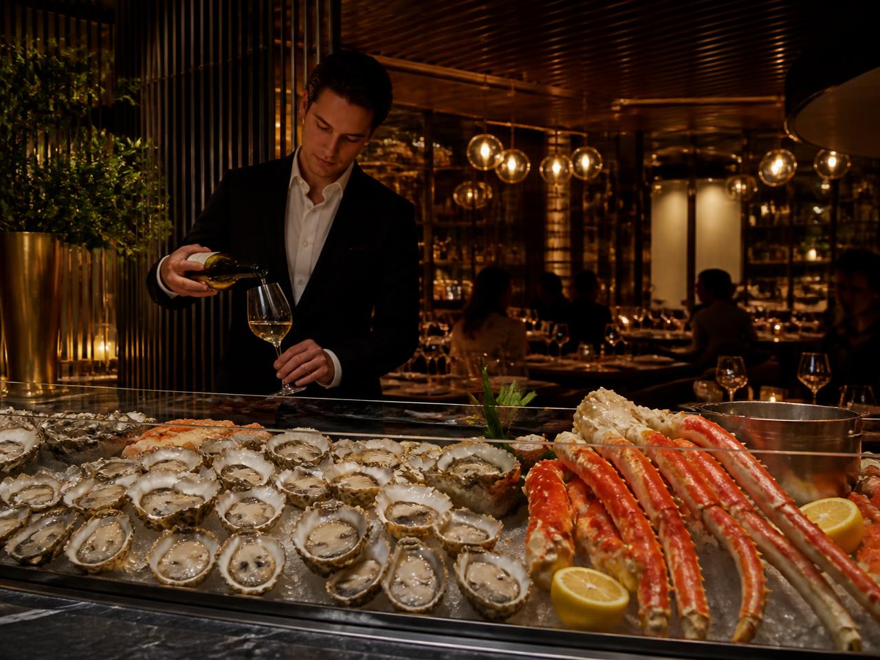 Chilled seafood tower on ice in a luxury seafood dining room