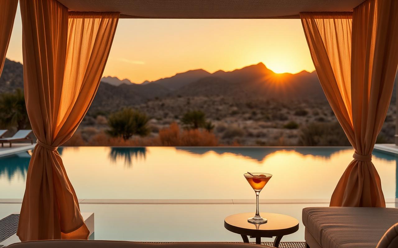 Cabana view of a calm resort pool at golden hour