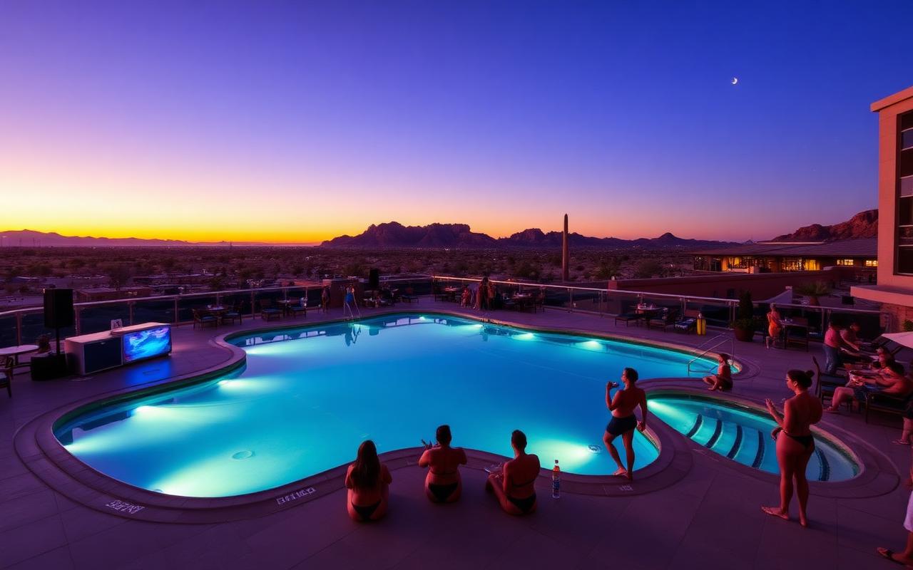 Rooftop resort pool party at dusk with the desert horizon behind