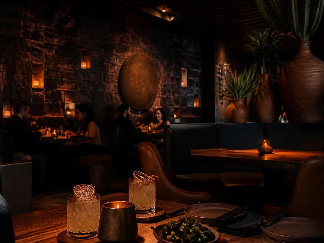 Candlelit salt-brick dining room of a modern Latin restaurant