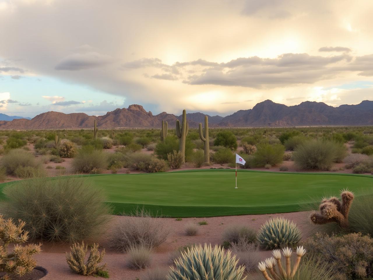 Golf green surrounded by desert scrub and mountains