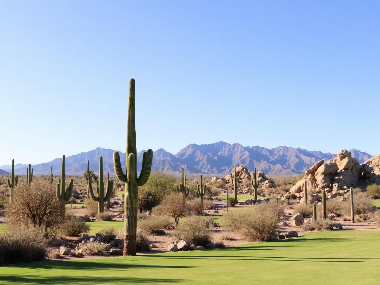 Wide desert golf fairway with saguaro cactus and no houses