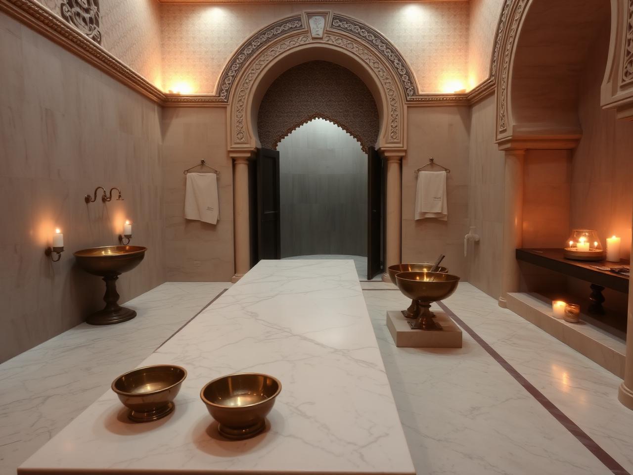 Hammam wet room with carved stone and lanterns