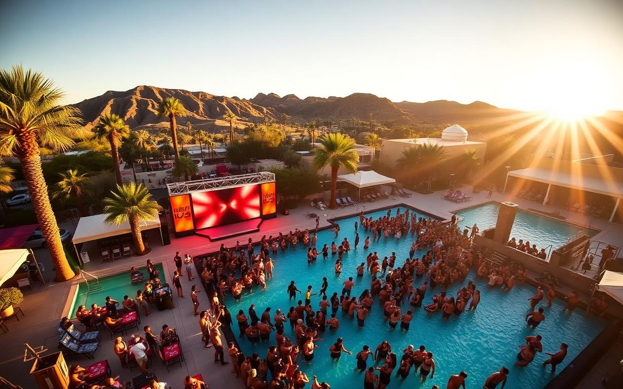 Packed Vegas-scale dayclub pool deck with an LED stage in Scottsdale