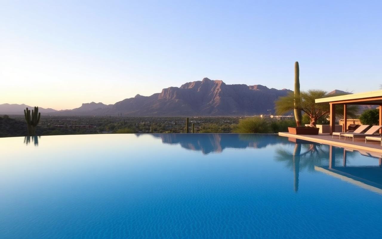 Quiet infinity pool reflecting the desert mountains at midday