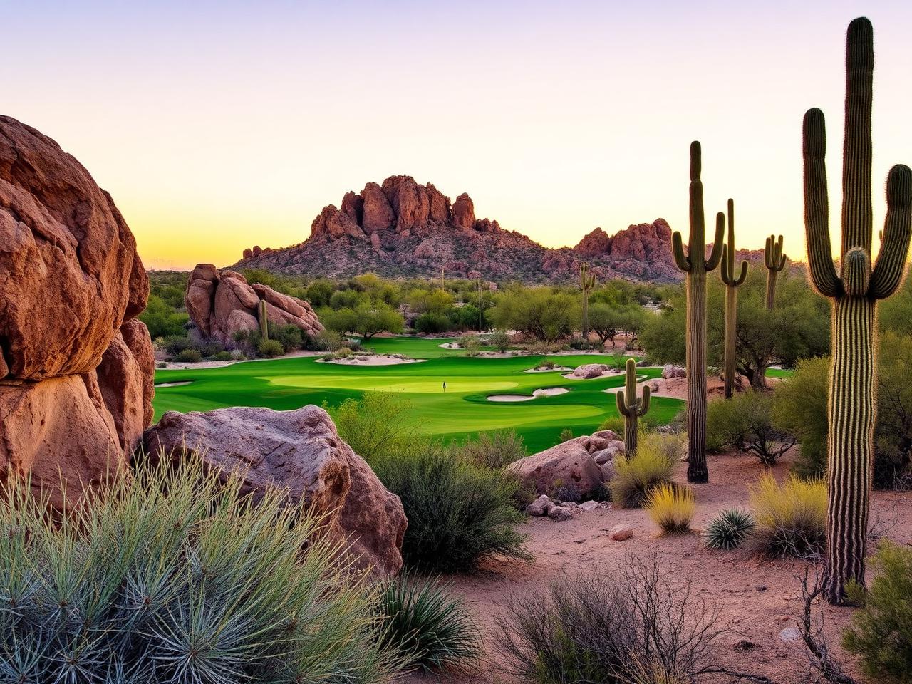 Desert golf hole with granite boulders and Pinnacle Peak
