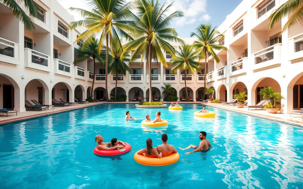Friends floating on rafts in the palm-lined courtyard pool