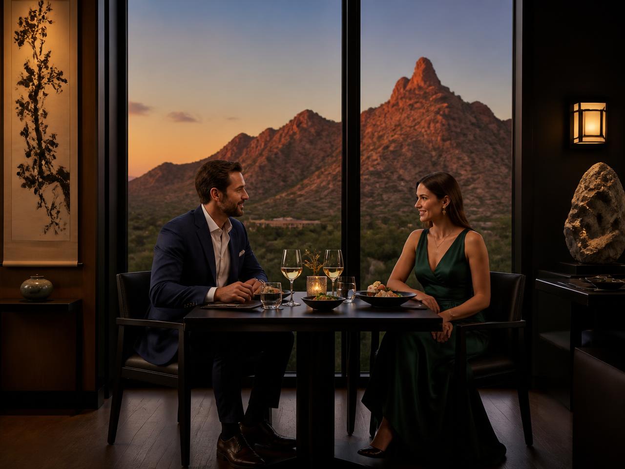 Couple dining at a window table with Camelback Mountain at sunset