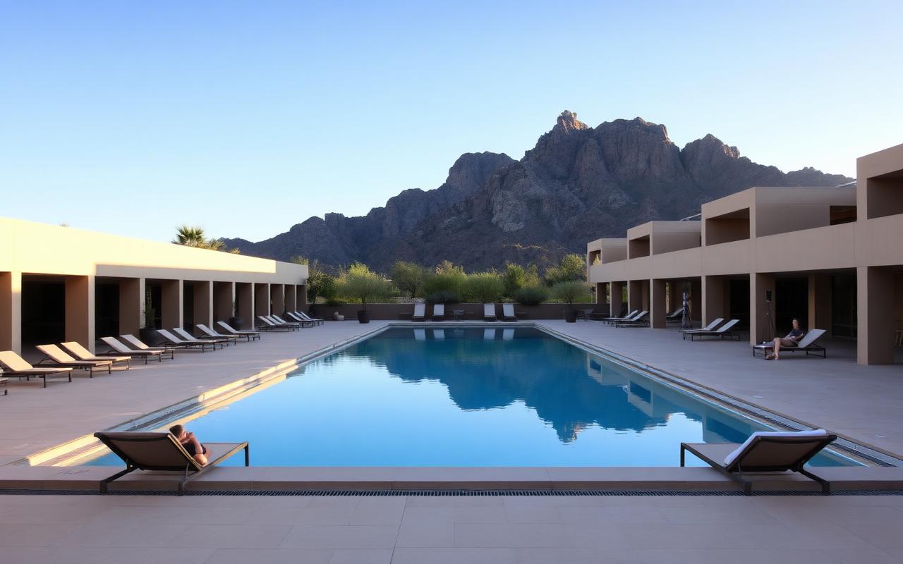 Adults-only resort pool deck with Camelback Mountain rising behind