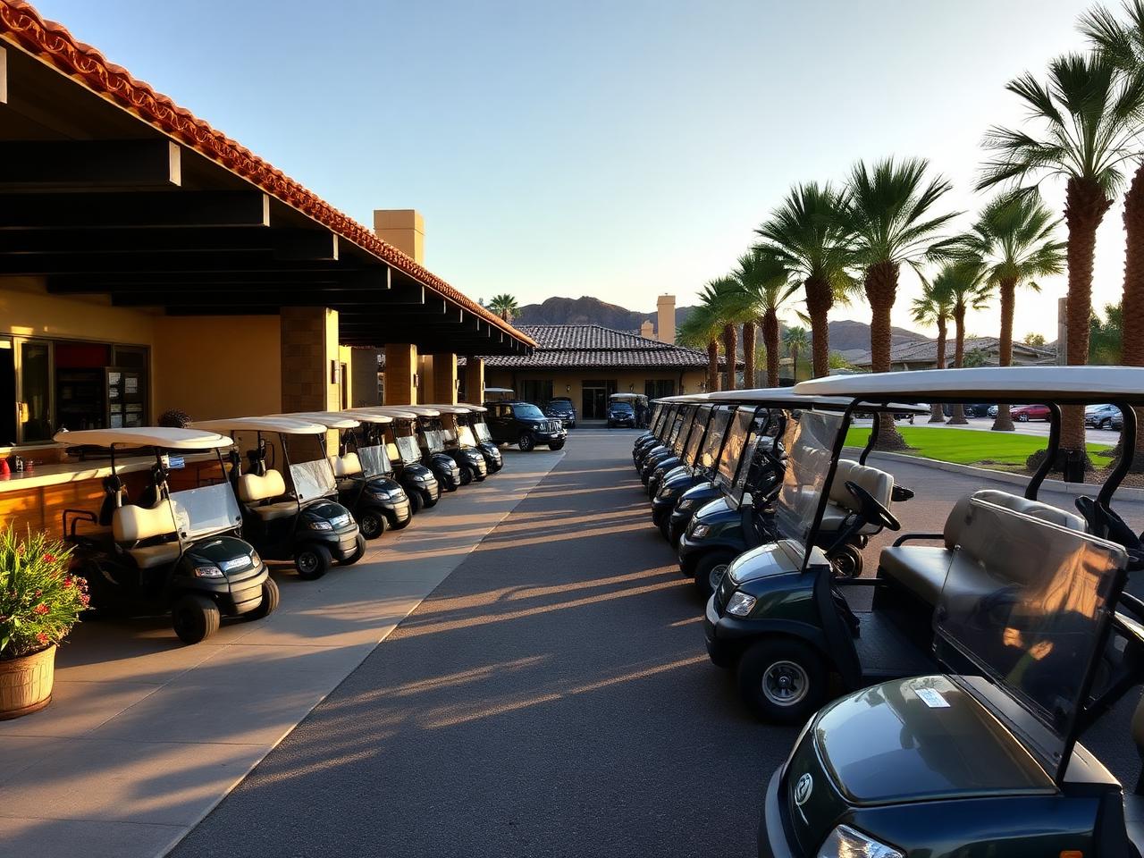 Golf carts staged outside a luxury resort pro shop