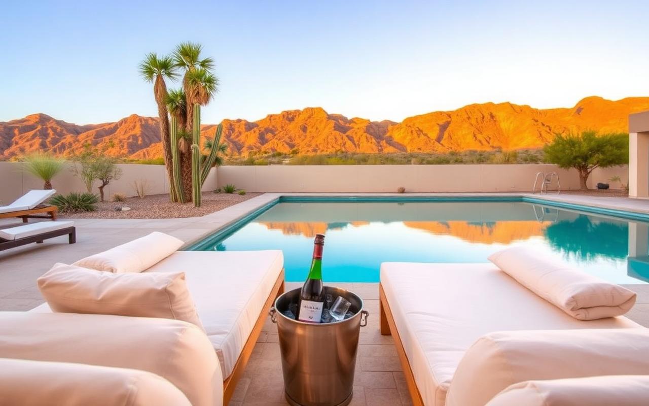 Private cabana daybeds with a chilled bottle and mountain views