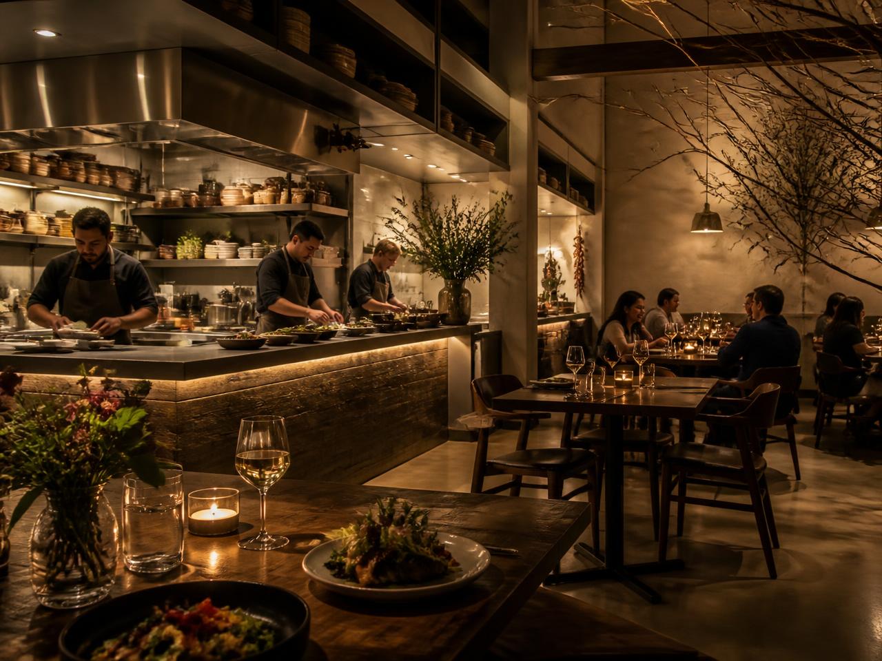 Open kitchen of a candlelit chef-driven restaurant