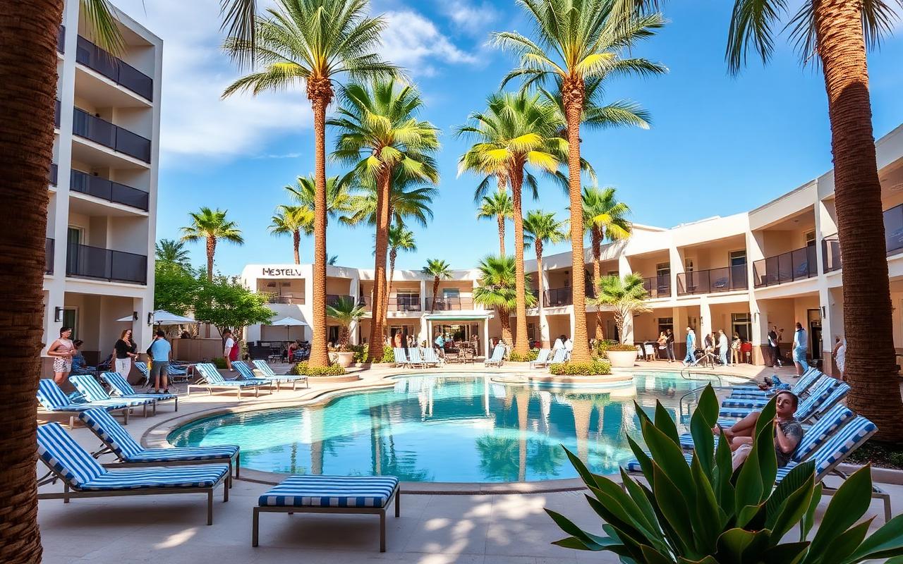 Cuban-modern resort courtyard pool framed by tall palms