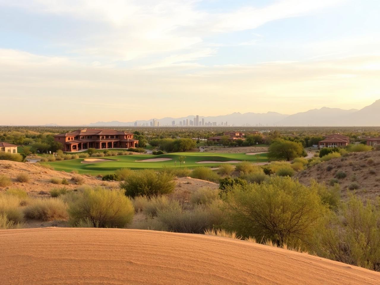 Elevated golf tee looking over desert toward the Phoenix skyline