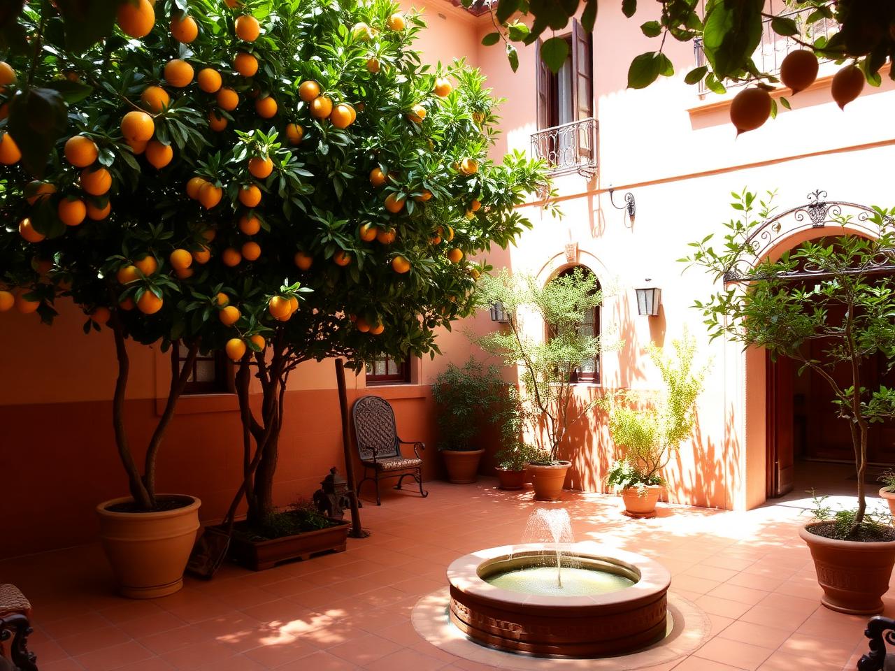 Mediterranean spa courtyard with fountain and citrus trees