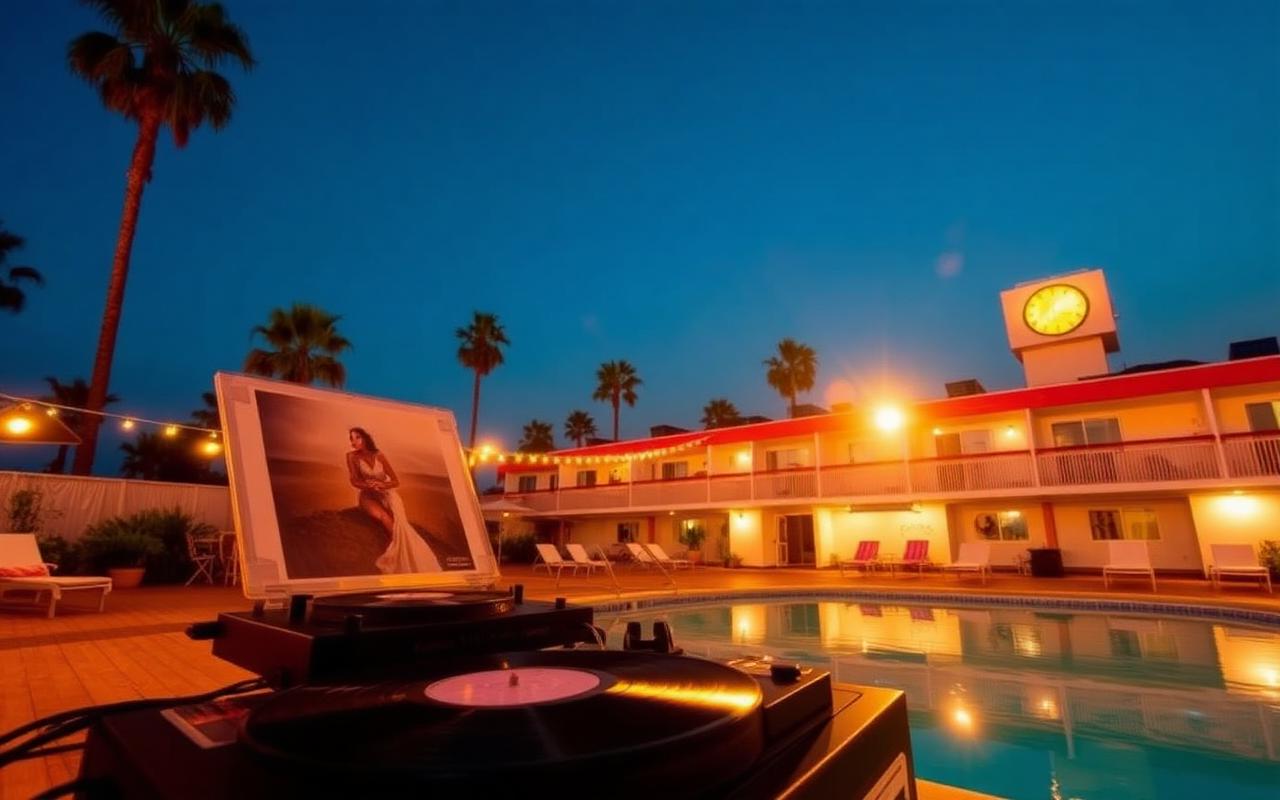 Vinyl turntables poolside at a mid-century hotel in the evening