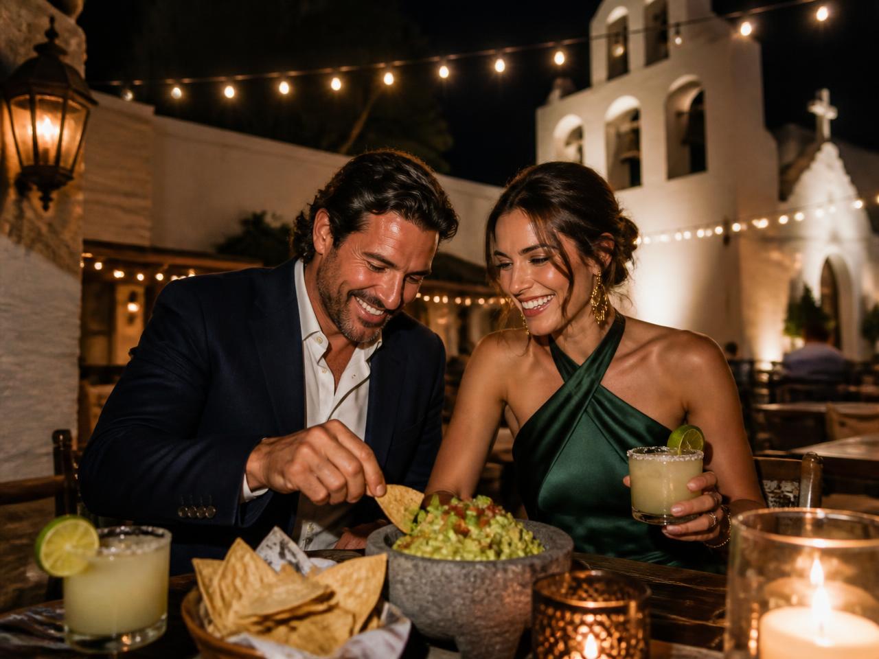 Couple sharing tableside guacamole and margaritas on a candlelit Old Town patio