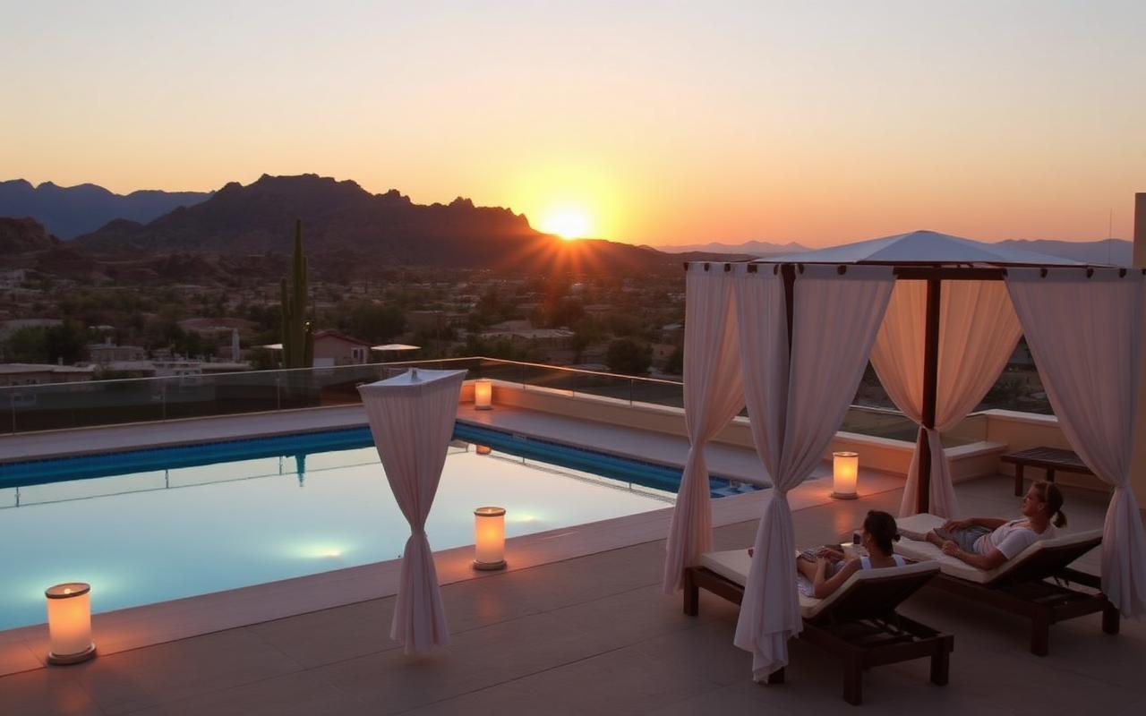 Curtained rooftop cabanas with desert mountain views at sunset
