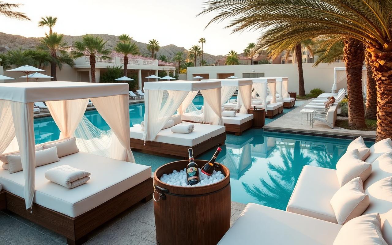 White cabanas and daybeds with bottle service beside the dayclub pool