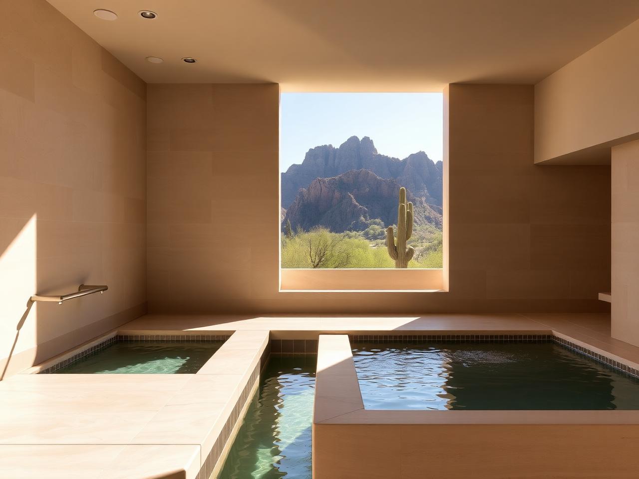 Modern mid-century spa lobby with desert light