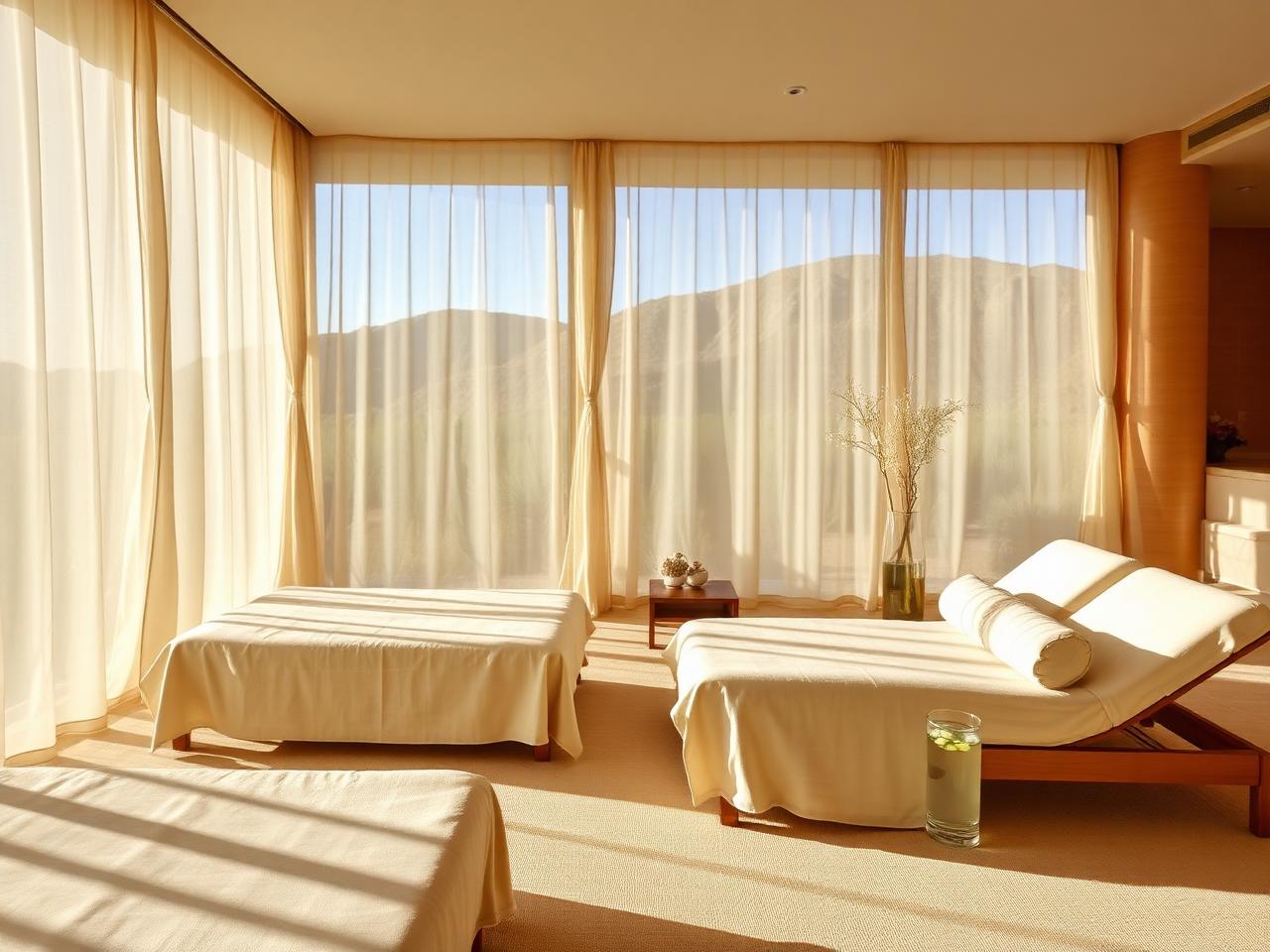 Candlelit spa treatment room with mountain view
