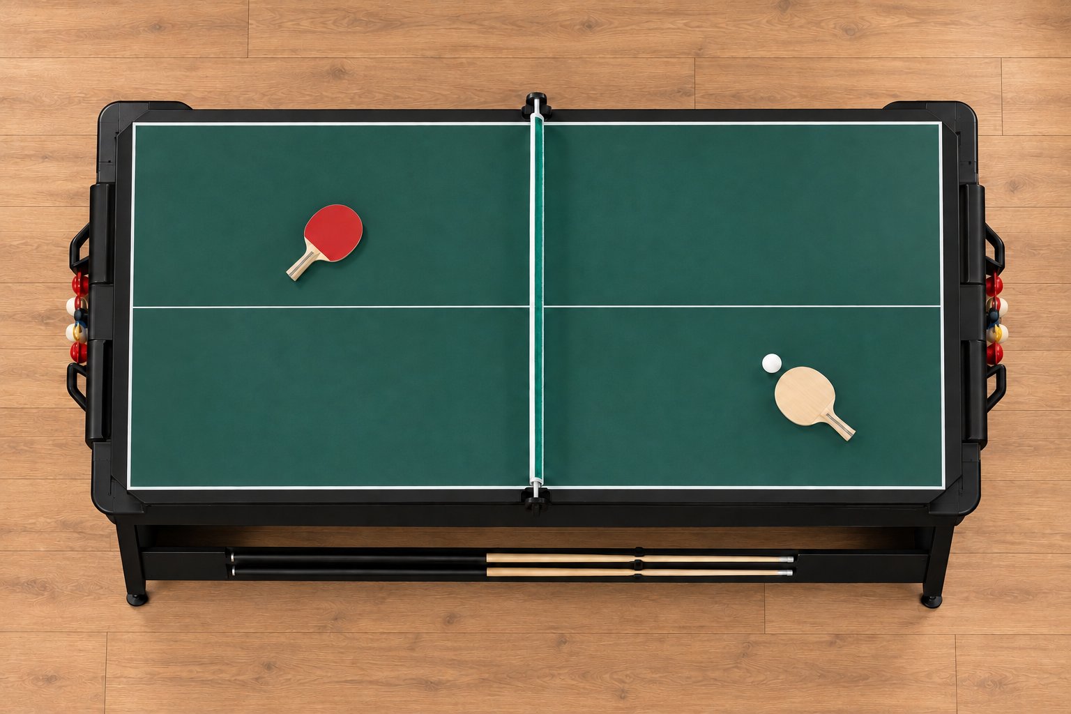 Overhead view of the convertible game table set for table tennis with two paddles