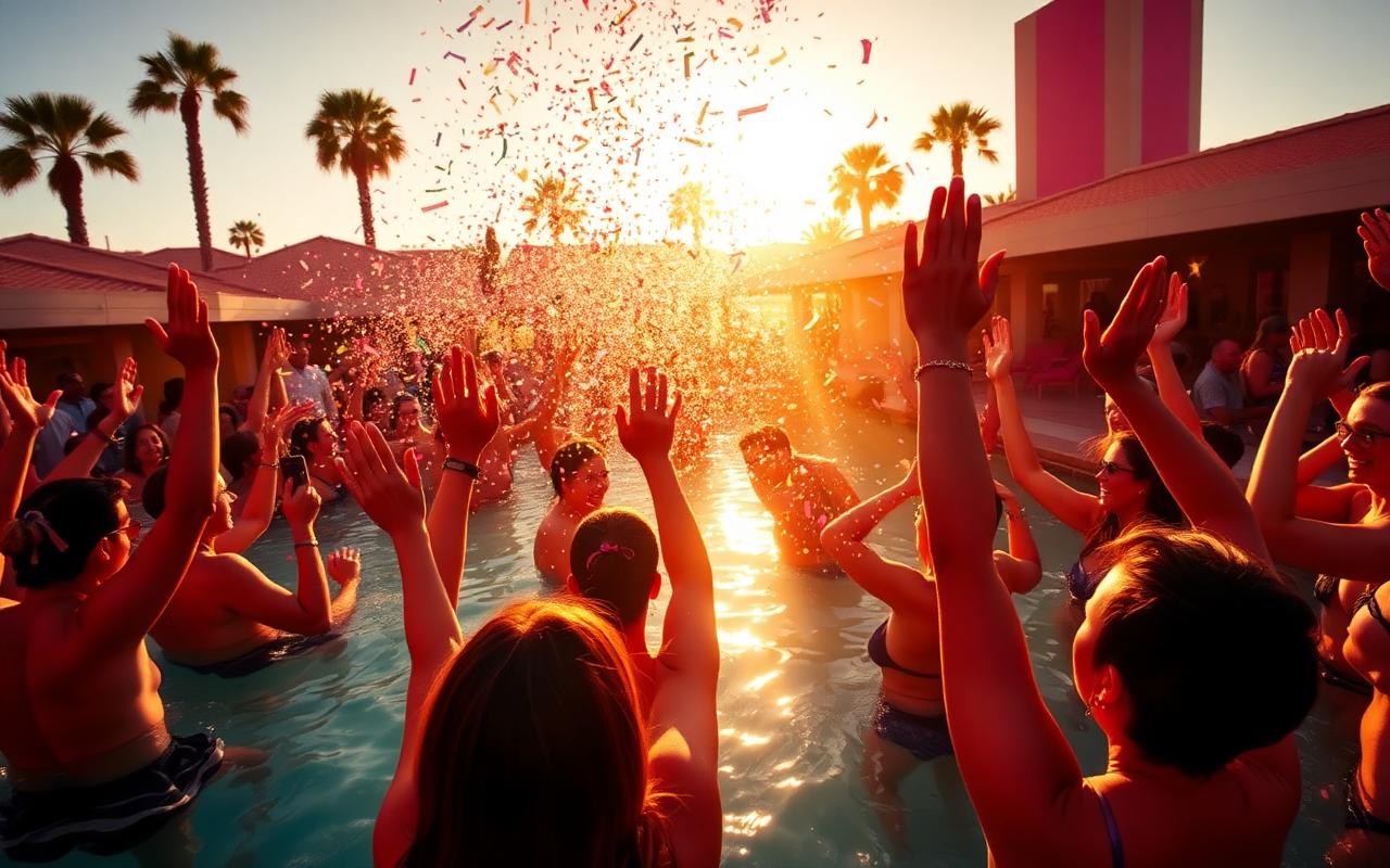 Crowd dancing in the pool with hands up and confetti in golden light