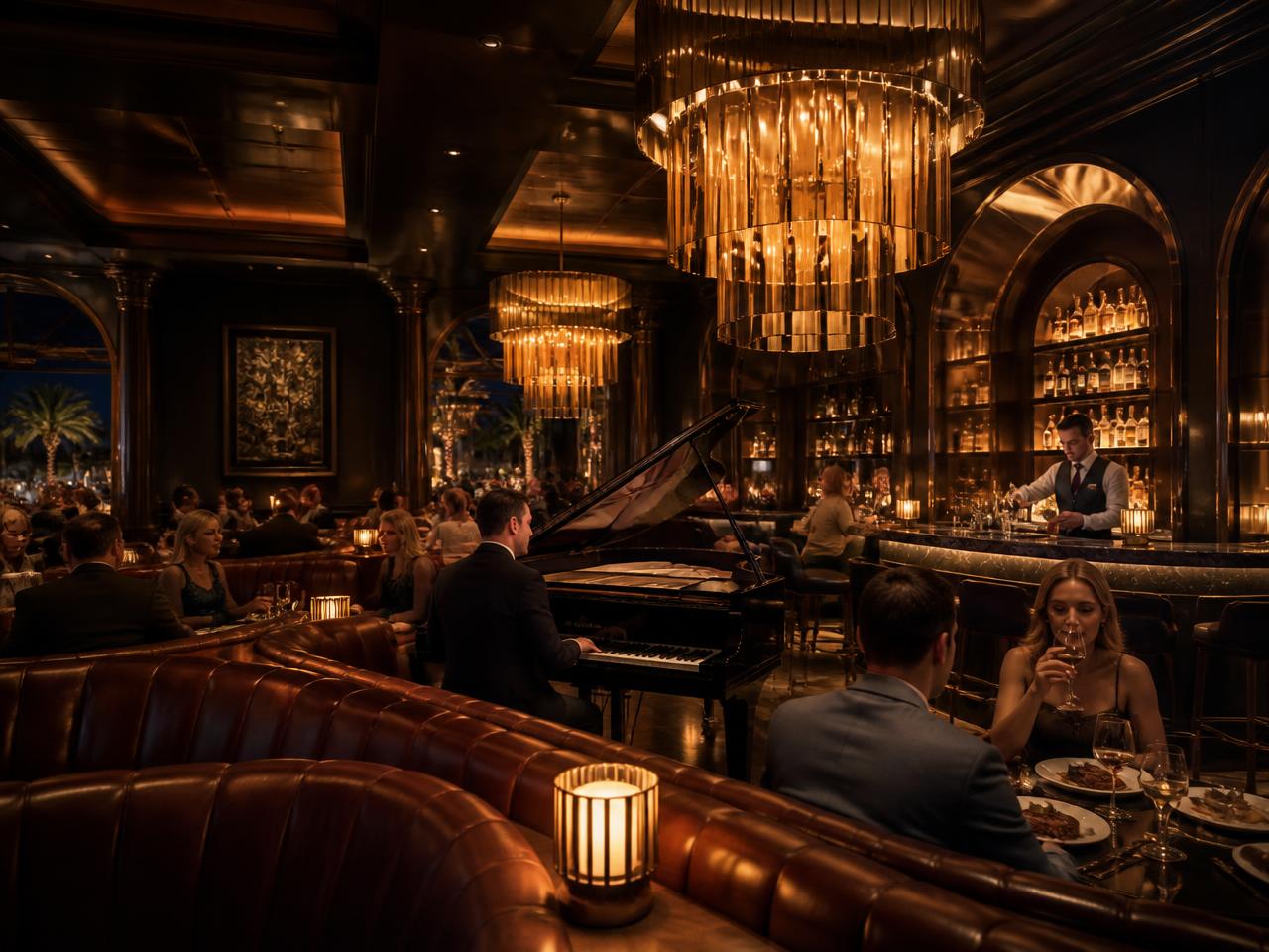 Piano lounge at a dark, glamorous Scottsdale steakhouse