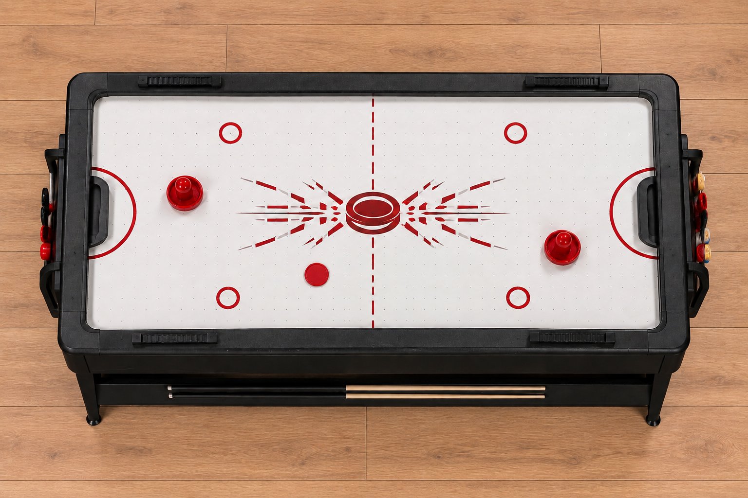 Overhead view of the convertible game table set for air hockey with strikers and puck
