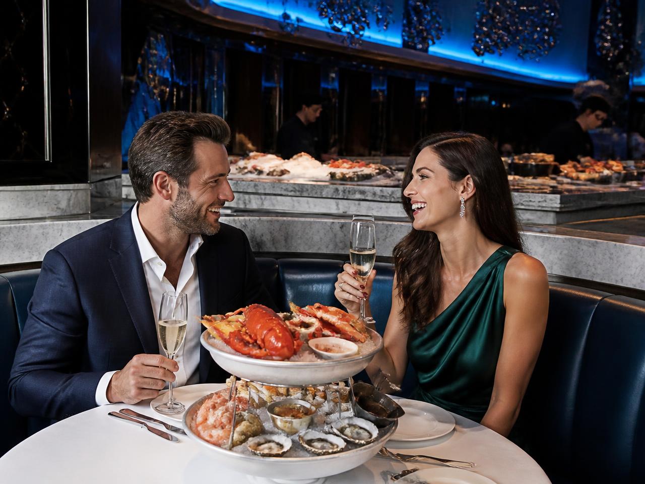 Couple at a marble raw bar in a glamorous Scottsdale seafood restaurant