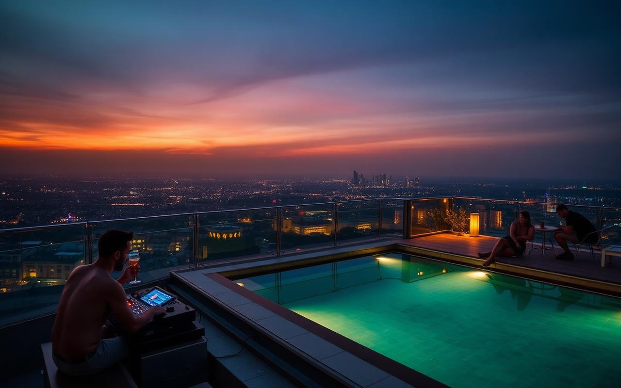 Rooftop DJ playing deep house next to a lit pool at dusk