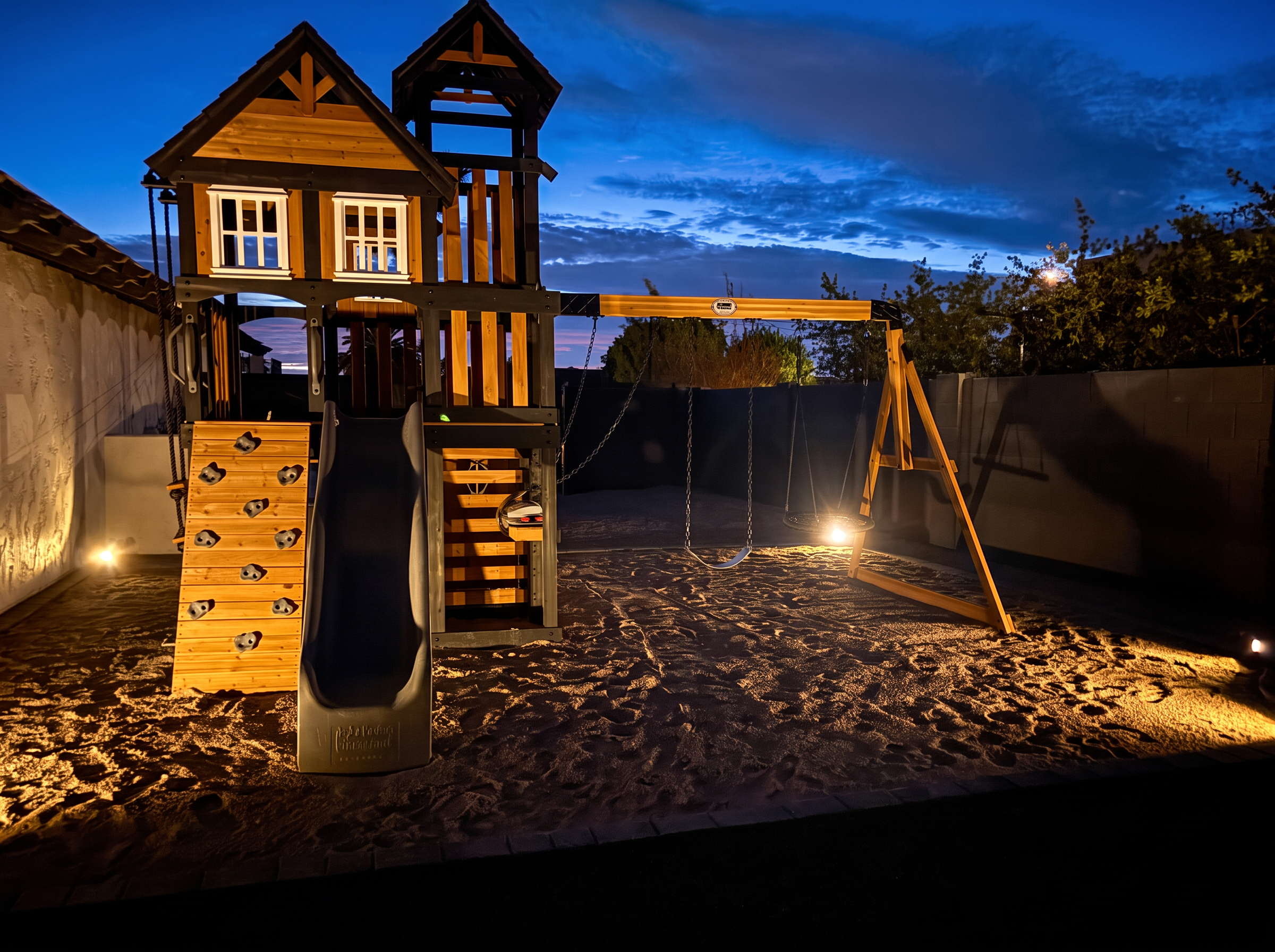 Children's playset beside the private pickleball court