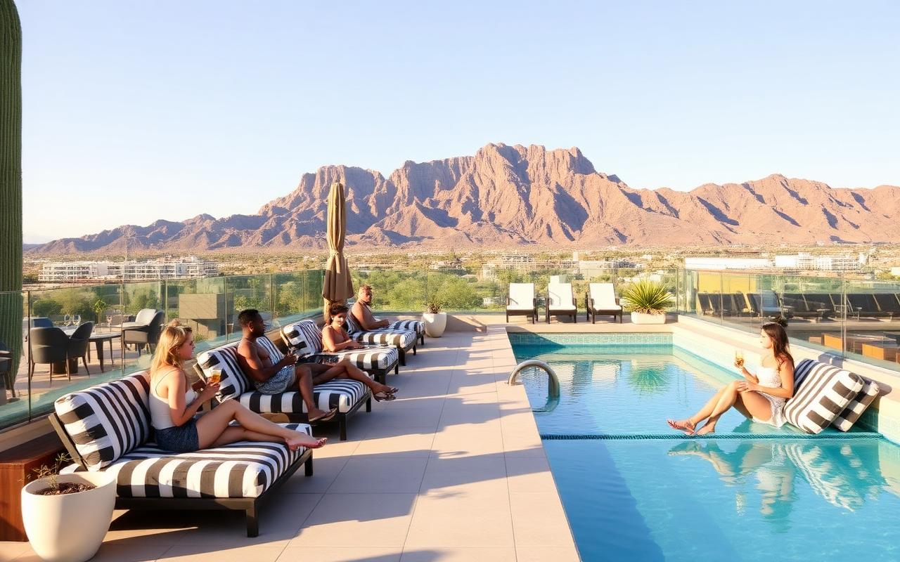Guests on striped daybeds with cocktails and mountain views at midday