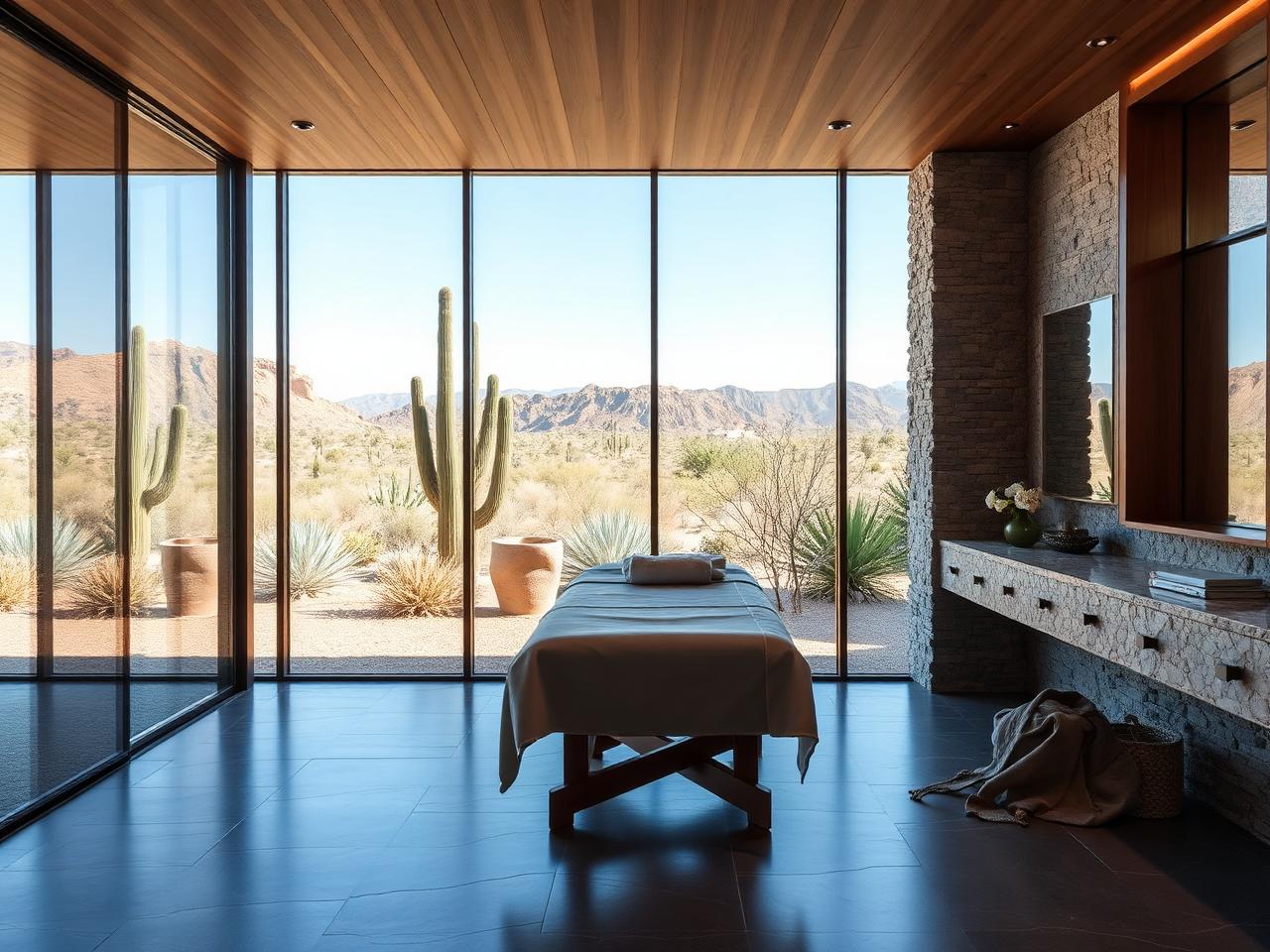 Minimal spa treatment room with mountain window