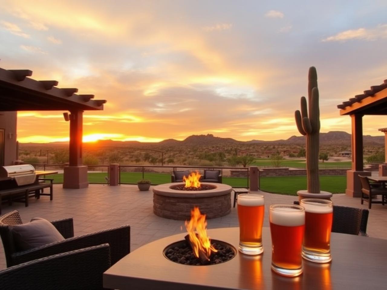 Golf club patio with fire pit at desert sunset
