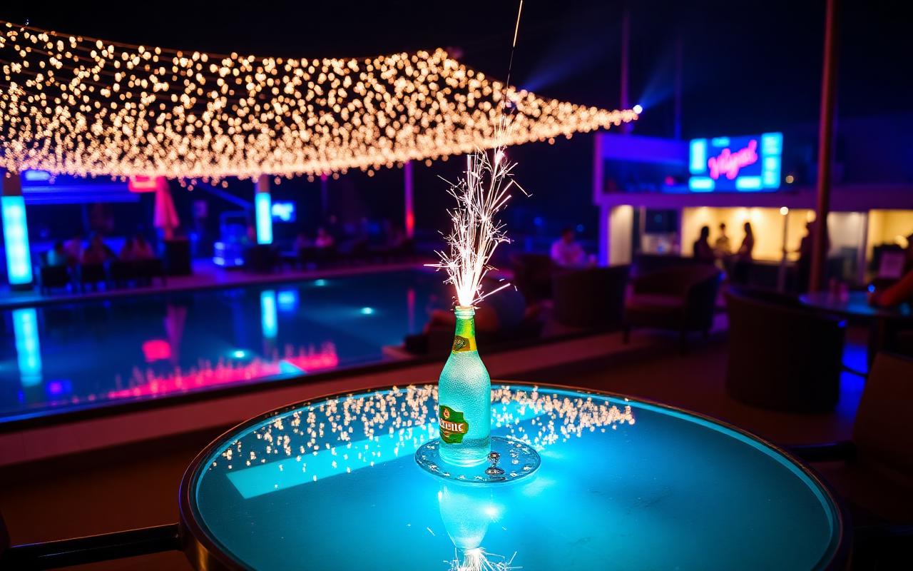 VIP cabana table with bottle sparklers as the deck turns to night