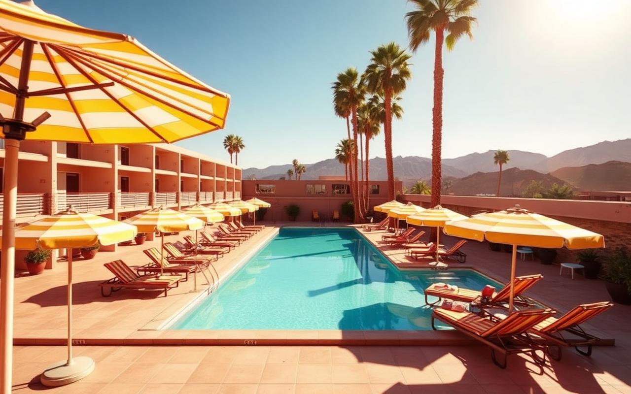 Mid-century modern hotel pool with yellow striped umbrellas