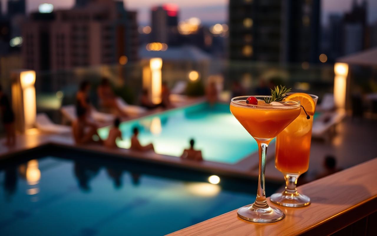 Craft cocktails on the rooftop pool bar ledge at dusk
