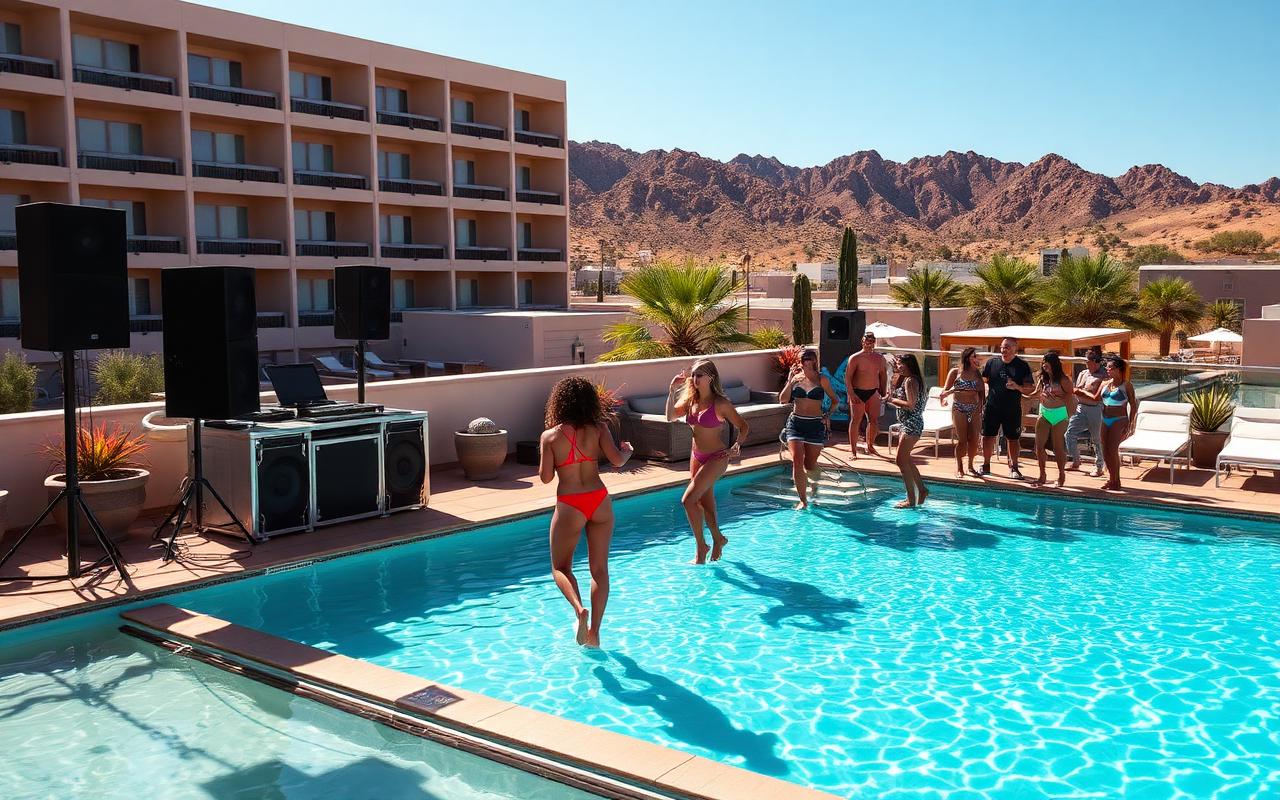 DJ booth and speaker stacks beside the rooftop pool in bright afternoon sun