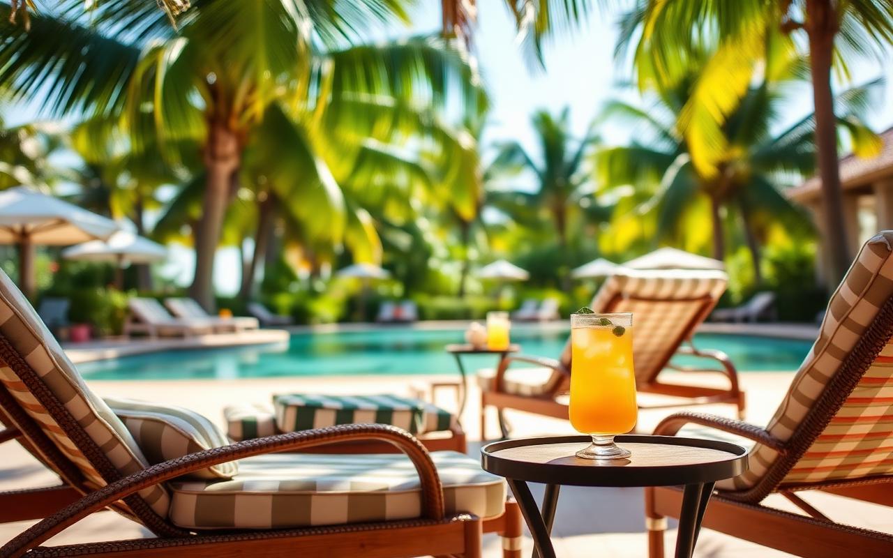 Shaded striped lounge chairs with a cocktail beside the pool